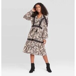 Knox Rose Long Sleeve Boho Black Paisley Crochet Trim Midi Dress Size XS